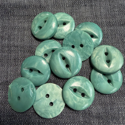 Polished teal casein fisheye buttons, 20 mm.