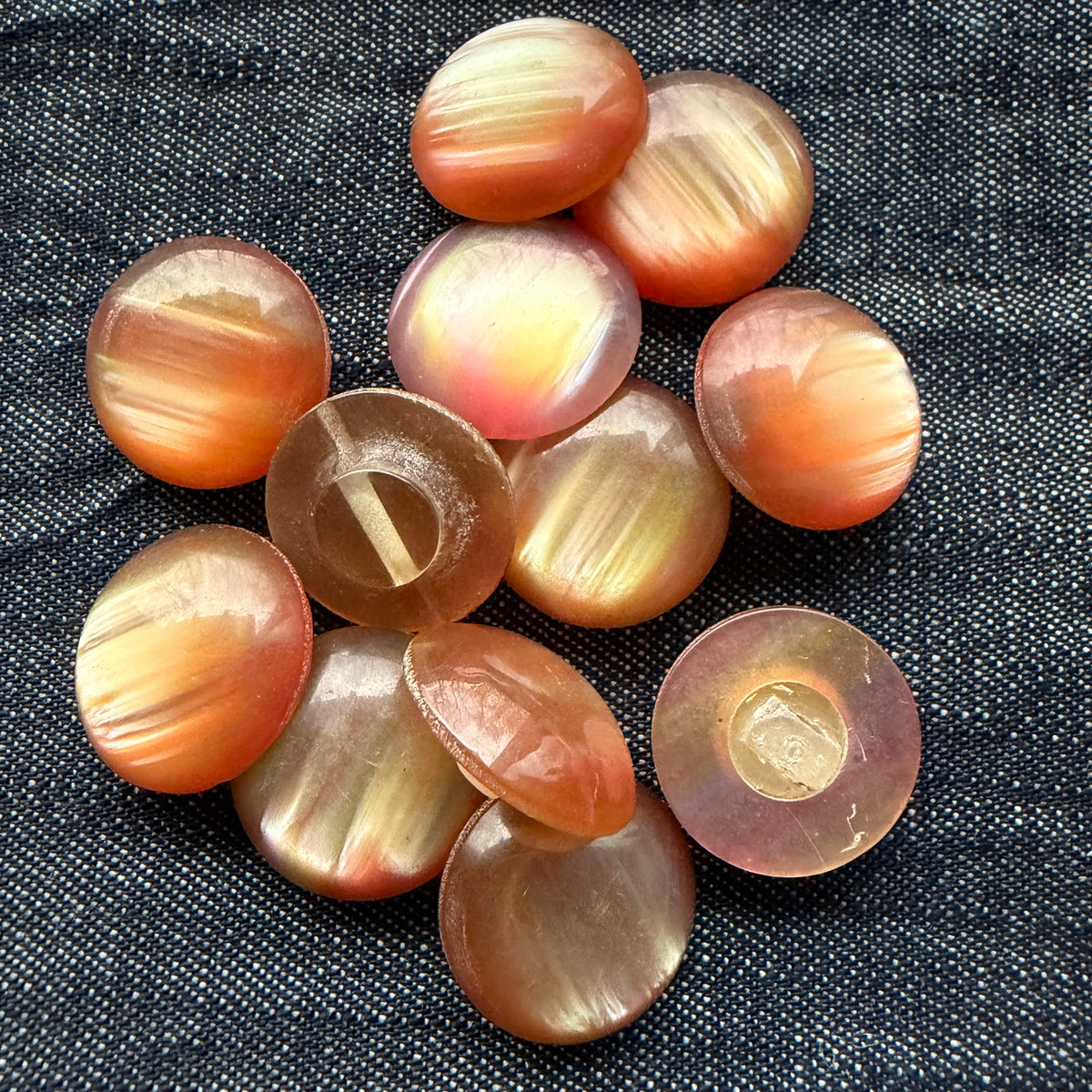Rose-gold domed casein buttons, front and back, with the shank visible.