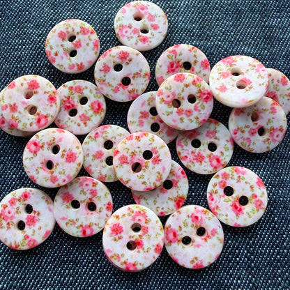 Whimsical patterned plastic shirt buttons in six prints on denim