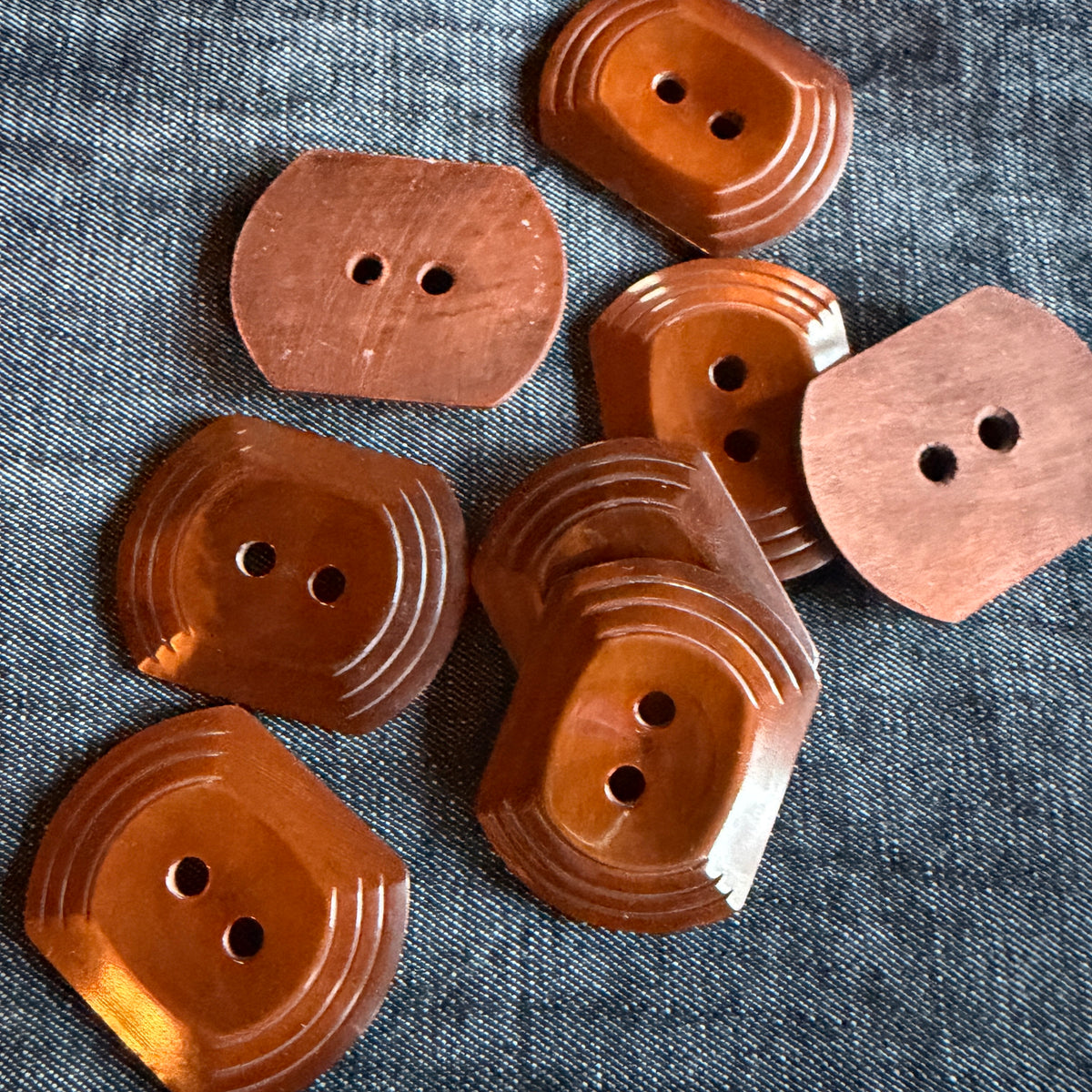 Oblong brown casein buttons that look like wood, set of 8.