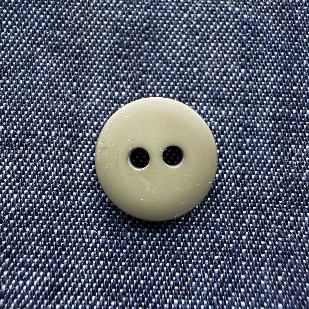Close-up of a matte olive two-hole plastic button